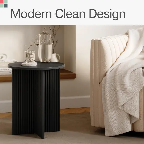 Round Fluted Accent Table - Pedestal Drink Desk - Modern Home, Bedroom, and Living Room Furniture - Small Round End Table with Solid Wood X-Base and Wood Veneer Top (Blackened Oak) {3}