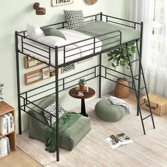 Black Metal Loft Twin Size Bed with Guardrails, Ladder, and Space-Saving Design {3}