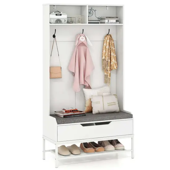Costway 69" Tall Hall Tree with Seat Cushion Open Compartments Hooks Lift-top Storage White/Black/Rustic Brown {7}
