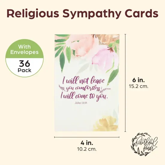 36 Pack Bulk Religious Sympathy Cards with Envelopes, Watercolor Floral Designs with Christian Bible Verses for Funerals, Condolences (4 x 6 In) {3}