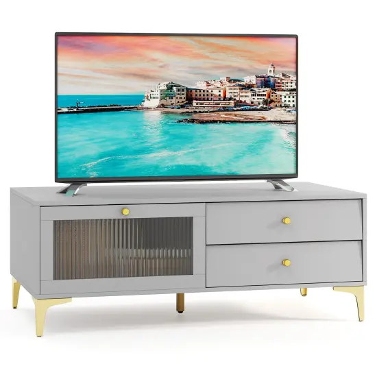 Grey MDF and Metal TV Stand with Tempered Glass, Storage Drawers and Modern Design {4}