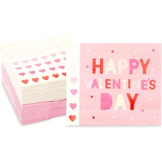 Sparkle and Bash 100 Pack Heart & Pink Valentine's Day Paper Napkins, 5x5 Inch Folded, Decorative Cocktail Party Supplies for Home, School, Office Events {1}