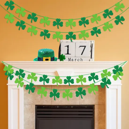 St Patricks Day Decorations 4PCS Felt Shamrock Garland Banner - NO DIY Shamrock Clover Garland Banner for St Patricks Day Decor - Dark Green Light Green for Irish Party Supplies {4}