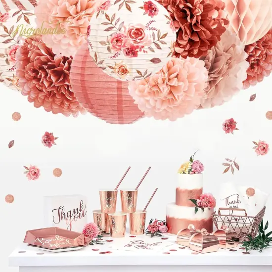 Wedding Decorations, 12PCS Rose Gold Paper Lanterns Tissue Pom Poms Confetti Decor for Bridal Shower Bachelorette Valentines Party, Rose Gold Pink Girl Birthday Party Decoration {4}