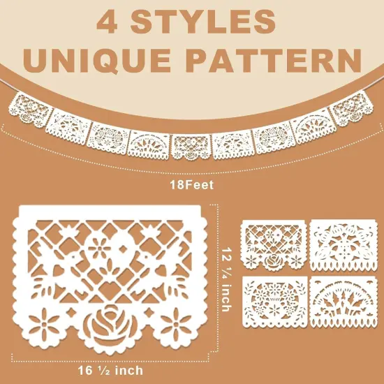5 Pack White Papel Picado Banner, Cinco De Mayo Plastic Mexican Party Banner Wedding Fiesta Party Decoration May 5 Mexican Themed Party Decor, Mexico Birthday Party Supplies - 4 Patterns/90Ft {2}