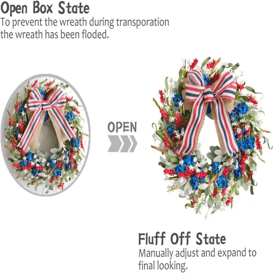 20 Inch Patriotic Red White Blue Flowers Wreath Wall Decor Forth of July Lamb Ears Leaves Wreath for Inside and Outside {5}