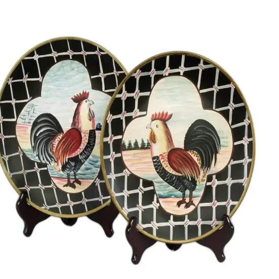 Pair of 10 Inch Diameter Ceramic Rooster Decorative Plates Multicolor {3}