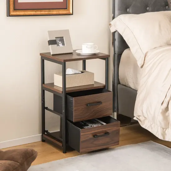 Bedside Table Set of 2 with Removable Fabric Drawers and Metal Frame-Walnut {3}