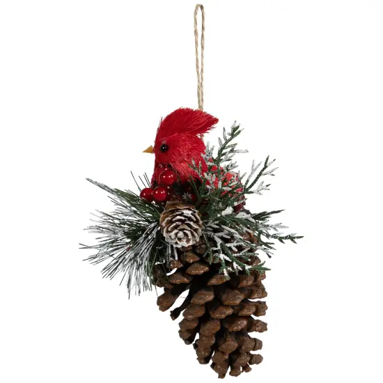 Northlight Woodland Cardinal Bird Perched on a Pinecone Frosted Christmas Ornament - 6.75" Red {4}
