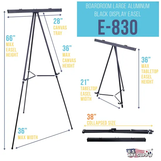 66" High Boardroom Black Aluminum Flip Chart Easel & Presentation Stand - Adjustable Floor/Tabletop, Portable Tripod, Holds 25 lbs., for Chart Paper, Poster Boards, & Pads {2}