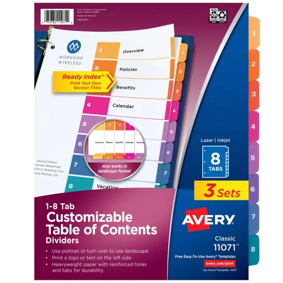 Avery Dividers for 3 Ring Binders, 8 Tabs per Set, Customizable Table of Contents, Multicolor Tabs (3 Sets of 11071) {1}