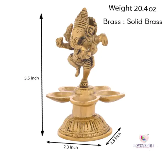Dancing Ganesha Solid Brass Diya Deepam Vilakku Samai Oil Lamp with Base Home Pooja Room Diwali Decorations Mandir Temple Ganesha Akhand Diya Hindu Puja Religious Deepawali Return Gift {5}