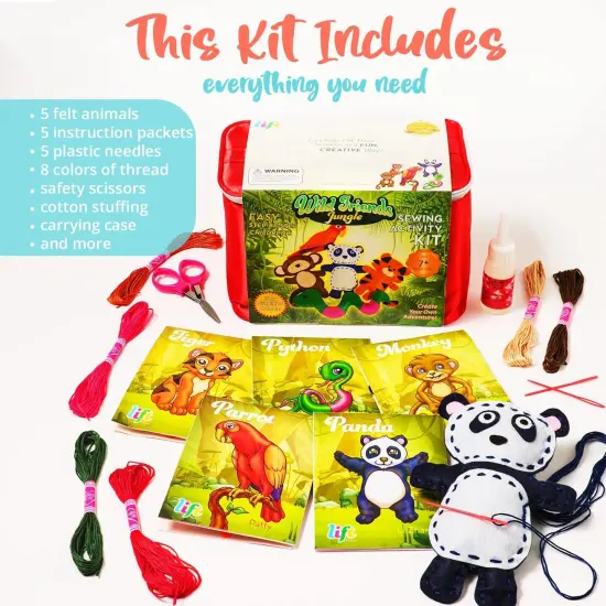 Bryte Jungle Animals Sewing Kit for Kids: A Fun DIY Arts & Crafts Experience with 5 Pre-Cut Felt Animals, Needles, Thread, Instructions & More - For Kids Age 7+ - Great Gift For Birthdays and Holidays Multicolor {5}