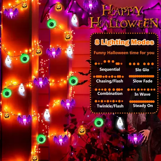Pumpkin Bat Ghost Eyeball - Halloween Lights String {3}