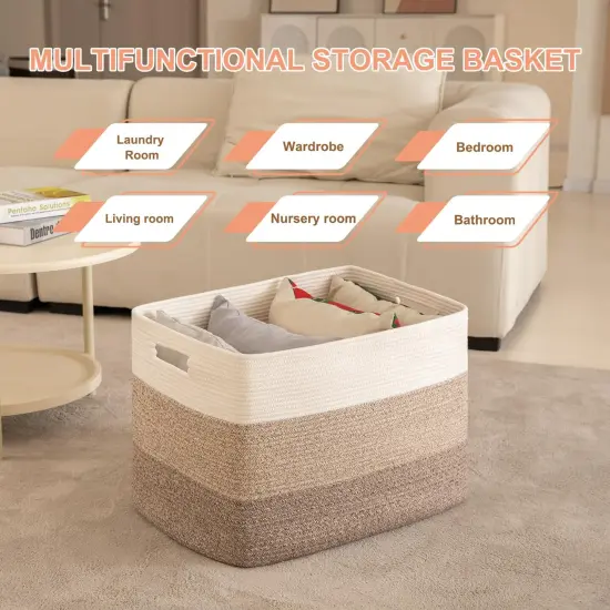108L Super Large Blanket Basket, 25&rdquo;x16&rdquo;x16&rdquo;(108L) Rectangle Woven Baskets for Storage, Cotton Rope Basket For Living Room, Toy Storage with Handle- Gradient Brown {3}