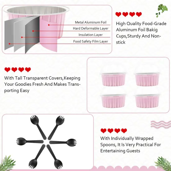 5oz Cupcake Pans with Dome Lids 100 Pack,LNYZQUS Aluminum Foil Small Cake Baking Tin,Disposable Ramekins Cupcake Baking Cups Containers,Mini Pie Pans Muffin Tins Jumbo Cupcake Liners-Pink {4}