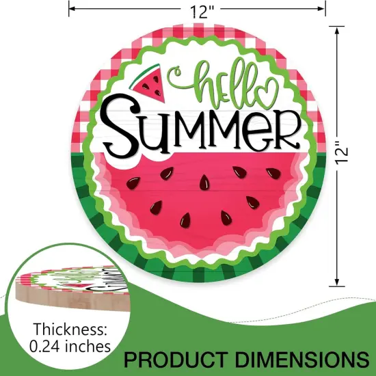Hello Summer Watermelon Sign for Front Door, Red Buffalo Plaid Check Green Stripes Wood Door Hanger Outdoor Outside Porch Decor, Seasonal Farmhouse Wooden Wreath Indoor Wall Hanging Decoration {2}