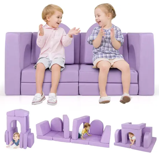 Suede 8-Piece Kids Climbing Blocks Set with Cushions, Arches and Modular Design Purple {8}