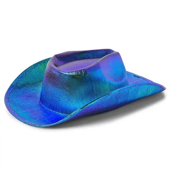 Holographic Western Cowboy Hat with Feathers, Cowgirl Costume Accessories (Blue and Green, Youth Size Small) {6}