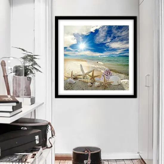 Seaside Beach Diamond Painting Kits for Adults,Starfish Seashell Diamond Painting Kits Ocean Theme, Beach Landscape Diamond Art,Ocean Diamond Art Perfect for Home Wall Decor(14x14in), white {4}