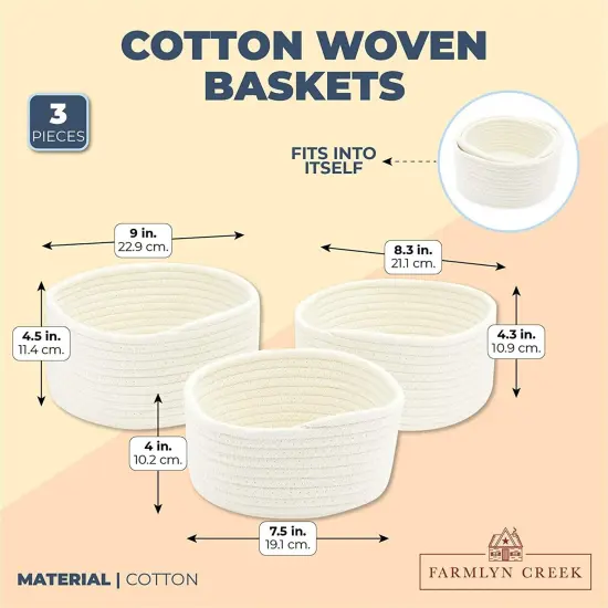 3 Pack Woven Baskets for Storage, Small Round Cotton Rope Organizing Bins (3 Sizes, White) {2}