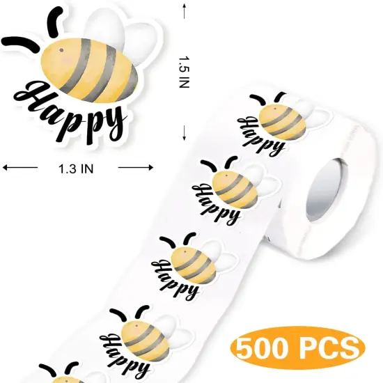 Bee Happy Cartoon Bee Stickers, 500 Multicolor Thank You Stickers for Small Business, Paper, Glossy, Indoor Use {2}