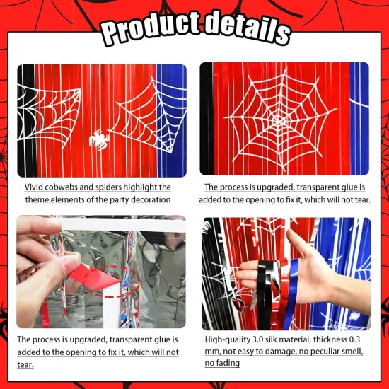 Spider Web Birthday Party Decoration Supplies, 2Pack Metallic Tinsel Foil Fringe Curtains 3.3x6.6ft, Red Blue Black Photo Booth Prop Backdrop Party Streamer, for Spider Birthday Party House Room Decor {4}
