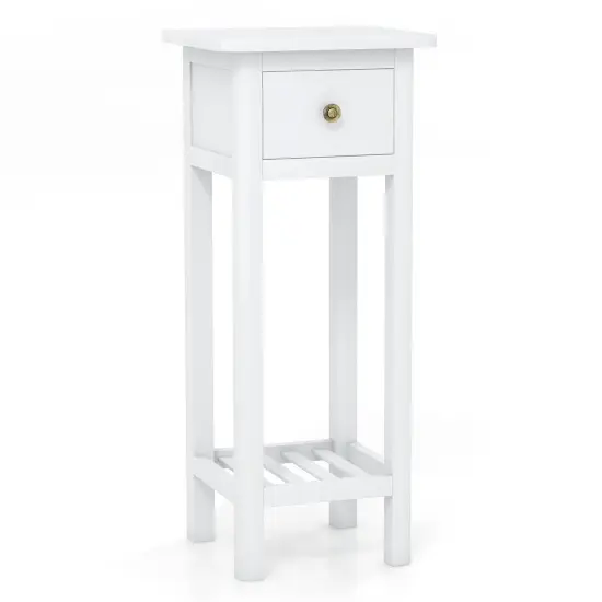2 Tier Slim Rectangular Bedside Table Nightstand with Open Shelf and Small Drawer White {8}