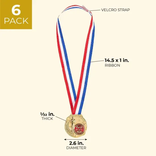 Juvale 6 Pack Bulk Gold 1st Place Medals with Ribbons for All Ages and Sports, Winner Award Ribbons, 2.6 Inch Diameter, 15.3 Inch Ribbon Length {4}
