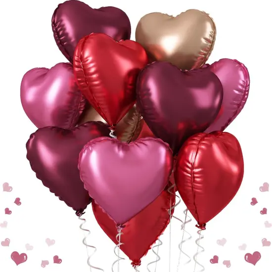 Wine Red Heart Balloons, 18 Inch 12 Pcs Burgundy Red and Pink Foil Heart Balloons Red and Rose Gold Heart Shape Mylar Balloons {1}