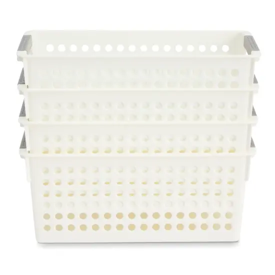 4 Pack White Plastic Baskets with Gray Handles, Narrow Storage Bins for Organizing, Kitchen Shelves, Small Nesting Containers (11.5 x 5.25 x 5 Inches) {7}