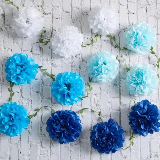 Gradient Blue Tissue Paper Pom Pom Garlands, Paper Flowers for Birthday Decorations, Baby Shower, Wedding Engagement, Bridal Shower, Spring Summer Party Decorations {1}