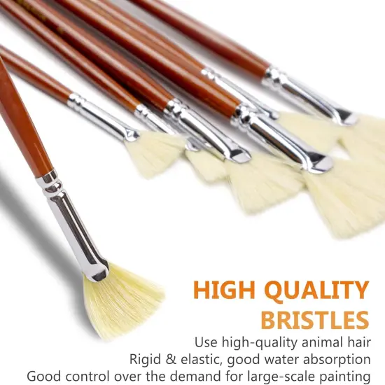Artist Fan Paint Brush Set of 7, White Hog Bristle Natural Hair Anti-Shedding Brush Tips, Long Wooden Handle for Comfortable Holding, Great for Acrylic Watercolor Oil Painting {3}