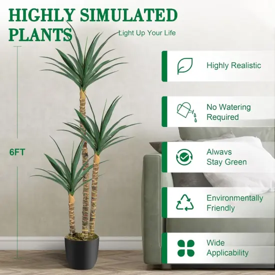 6FT Artificial Tree Faux Agave Plant Indoor, Tall Faux Plant with 3 Heads in Potted Silk Fake Tree for Home Living Rome Office Decor Housewarming Gifts {2}