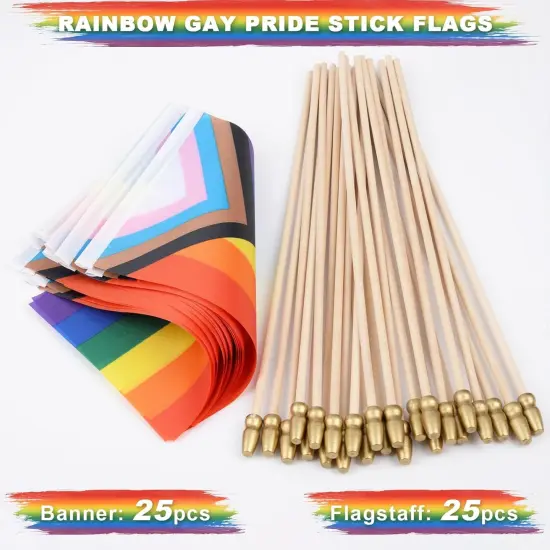 25 Pack Mini Progress Pride Flag Rainbow Gay Pride Stick Flag Small Hand Held LGBT Flags for Pride Parade Rainbow Festival Party Decorations (5x8 Inches) {3}