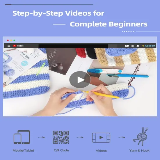 Crochet Kit for Beginners - Striped Tote Bag Set Includes Yarn, Hooks, Step-by-Step Guide, Needles & Accessories - Adults & Kids Crochet Starter Gift {3}