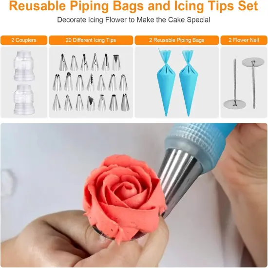 12 Inch Cake Turntable Cake Decorating Supplies Kit, 33 pcs Rotating Aluminium Cake Stand Set, Baking Tools with 20 Icing Tips, Bags, 3 Icing Smoother, Straight & Offset Spatula, Silicone Spatula {4}