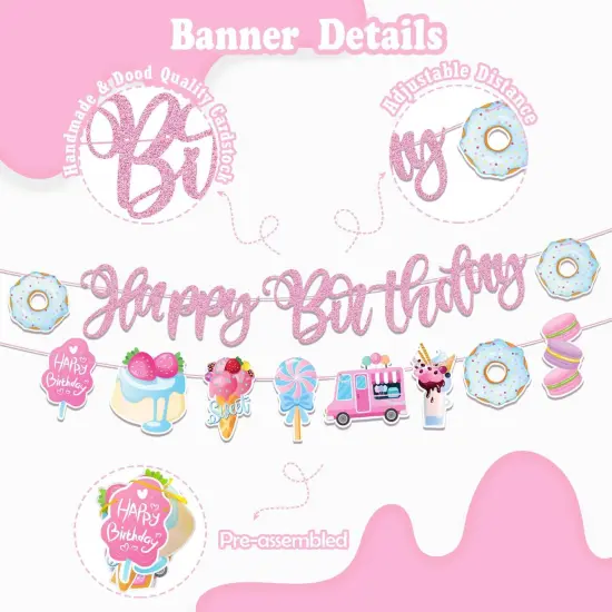 Sweets Birthday Party Decorations for Girls- Pastel Ice Cream Party Supplies, Donut Balloons Happy Birthday Banner Cupcake Topper Candy Theme Birthday for Baby Shower Wedding {2}