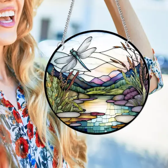 Summer Dragonfly Acrylic Window Hangings, Valley Stained Decor Nature Scenery Stained Art Wall Decoration Gift for Home Office Housewarming {2}