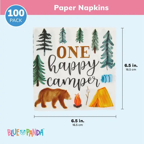 Camping Napkins for 1st Birthday Party Supplies, One Happy Camper (6.5 In, 100 Pack) Blue {3}