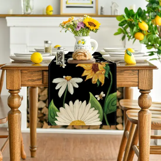 Black Sunflowers Daisy Bees Summer Table Runner, Seasonal Spring Kitchen Dining Table Decoration for Home Party Decor 13x72 Inch {2}