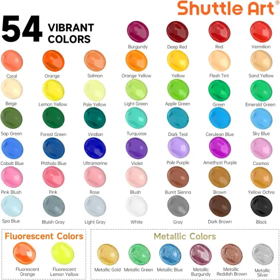 54 Colors Acrylic Paint, Shuttle Art Acrylic Paint set with 12 Paint Brushes, 2oz/60ml Bottles, Rich Pigmented, Water Proof, Premium Paints for Artists, Beginners and Kids on Canvas Rocks Wood Ceramic {3}