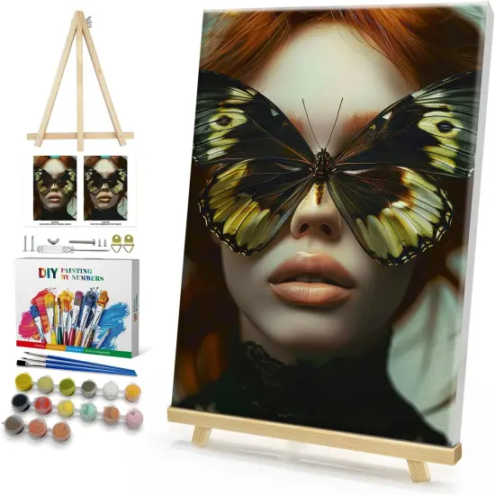 Framed Paint by Numbers Kit for Adults, Woman Butterfly Paint by Numbers Kit for Adults with Easel, DIY Acrylic Paint by Number with Frame, Adult Paint by Number Kits Framed Canvas 8x12 Inch {1}