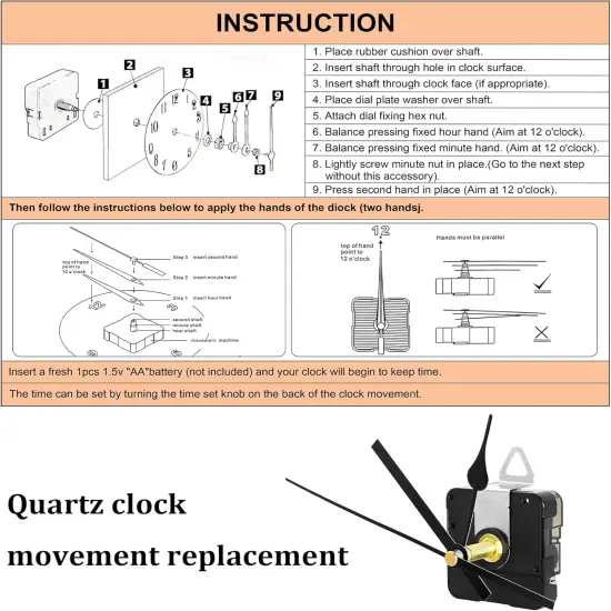28mm Quartz Long Shaft Clock Movement Kit - DIY Wall Clock Mechanism with 1-1/10 Inch Shaft, 2 Pairs of Hands, Replacement Clock Repair Kit {4}
