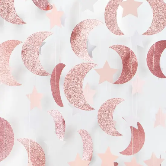 Pink Rose-Gold Moon-Star Party-Decorations Garland - 52Ft Twinkle Little Star Hanging Decoration Streamers Banner, Eid Ramadan Mubarak Decoration Birthday Wedding Baby Shower Party Decor {1}