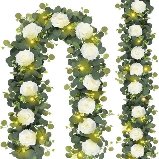 2 Pack 13.2FT Eucalyptus Garland with Lights - Spring Gypsophila Flower Garland with 24 White Roses Artificial Floral Greenery Vine for Arch Table Centerpieces Backdrop Party Wedding Decor {1}