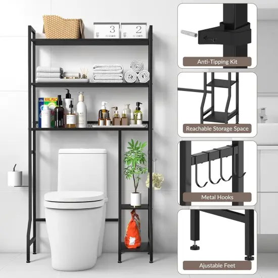 33" Extended Over The Toilet Storage Rack - Freestanding Bathroom Organizer with Adjustable Shelves, Hooks, Industrial Metal & Wood Design, Black - Easy Assembly {3}