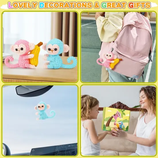 Crochet Kit for Beginners - 2 PCS Monkey with Banana, Step-by-Step Video Tutorials, for Adults and Kids (Blue & Pink) {5}