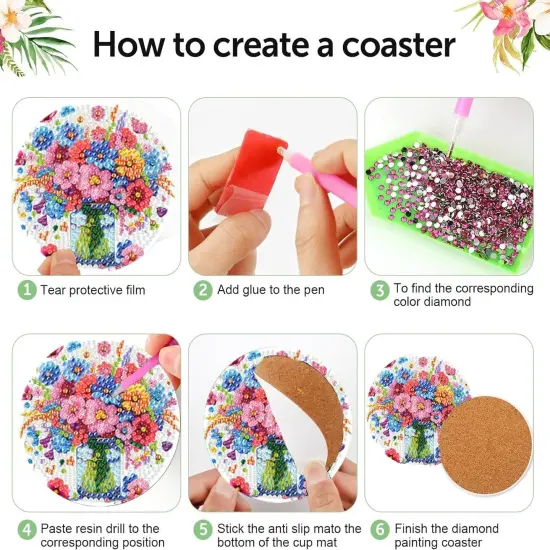 Diamond Art Coasters Kit - 8 Pieces Flowers Diamond Painting Coasters, DIY Diamond Art Kits for Adults Coasters, Diamond Round Dot Crafts Kits for Beginners {3}