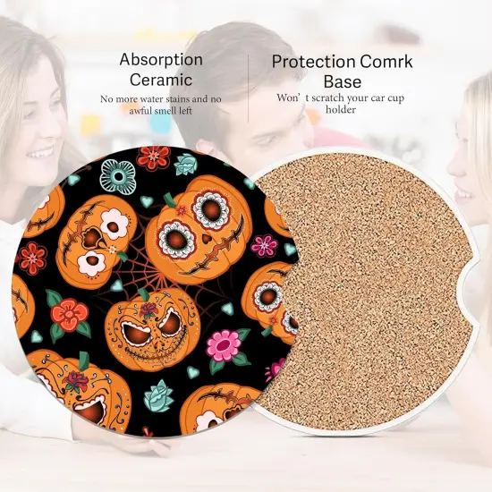 2 Pack Absorbent Ceramic Car Cup Holder Coasters for Drinks,Halloween Spider Web Pumpkin {3}